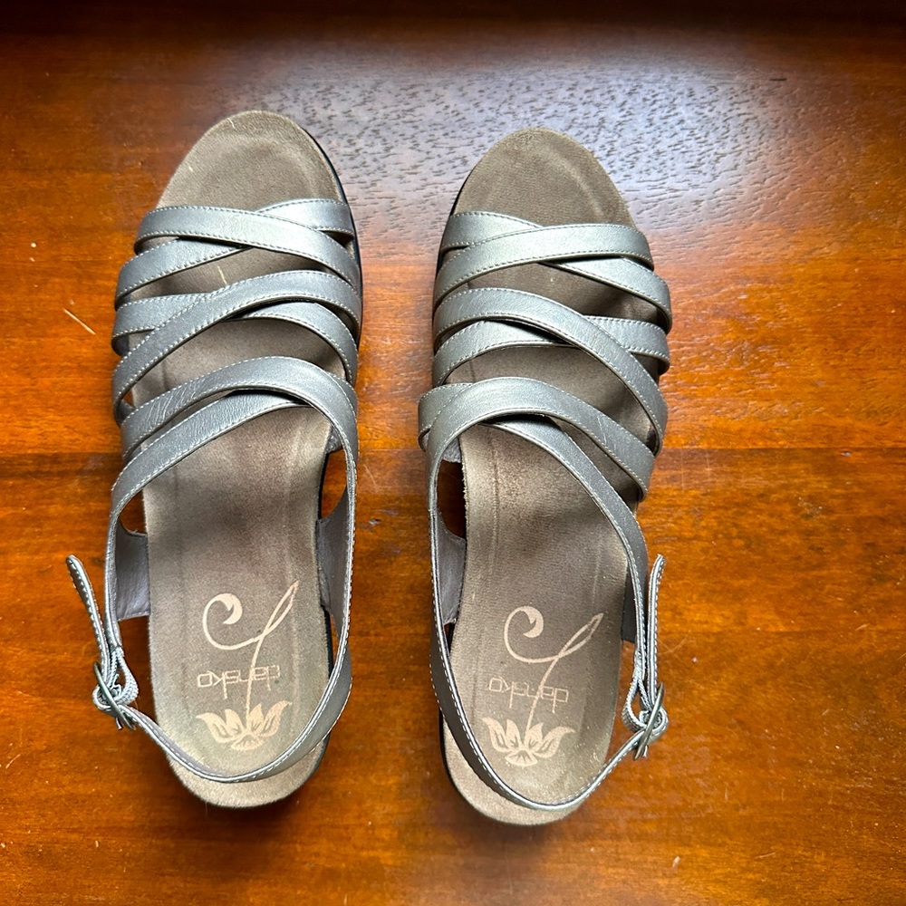 Silver leather, barely-worn Dansko comfort sandals